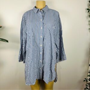 Zara Striped Oversized Button Front Shirt Sz L Long Sleeves Blue Blouse Top